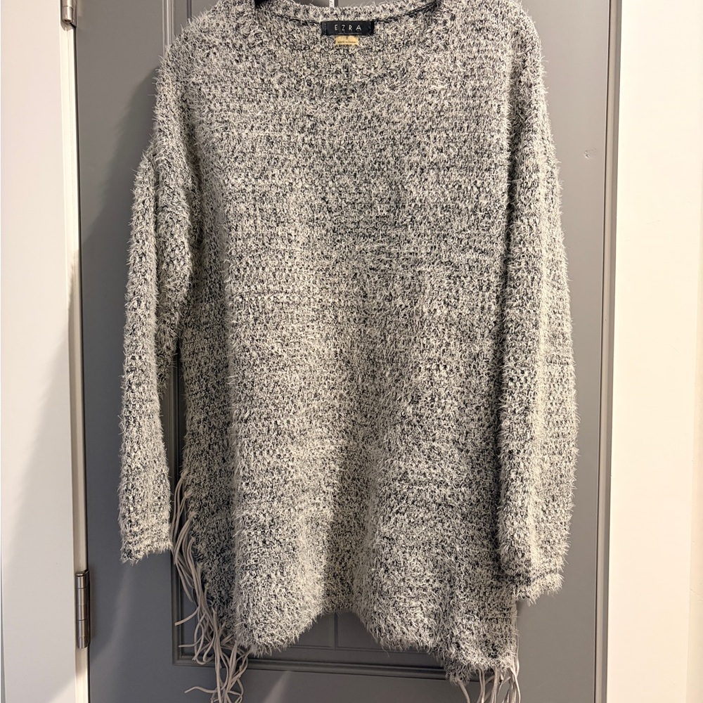 Ezra Gray Crew Neck Sweater with Fringe